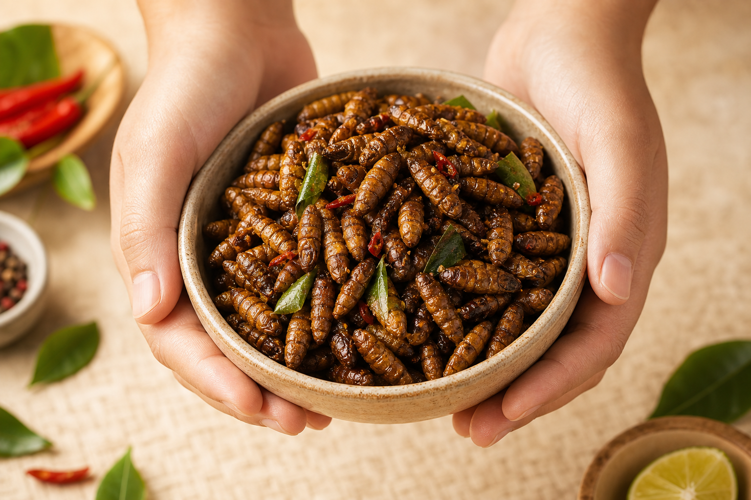 Hands holding a bowl of roasted edible insect snacks