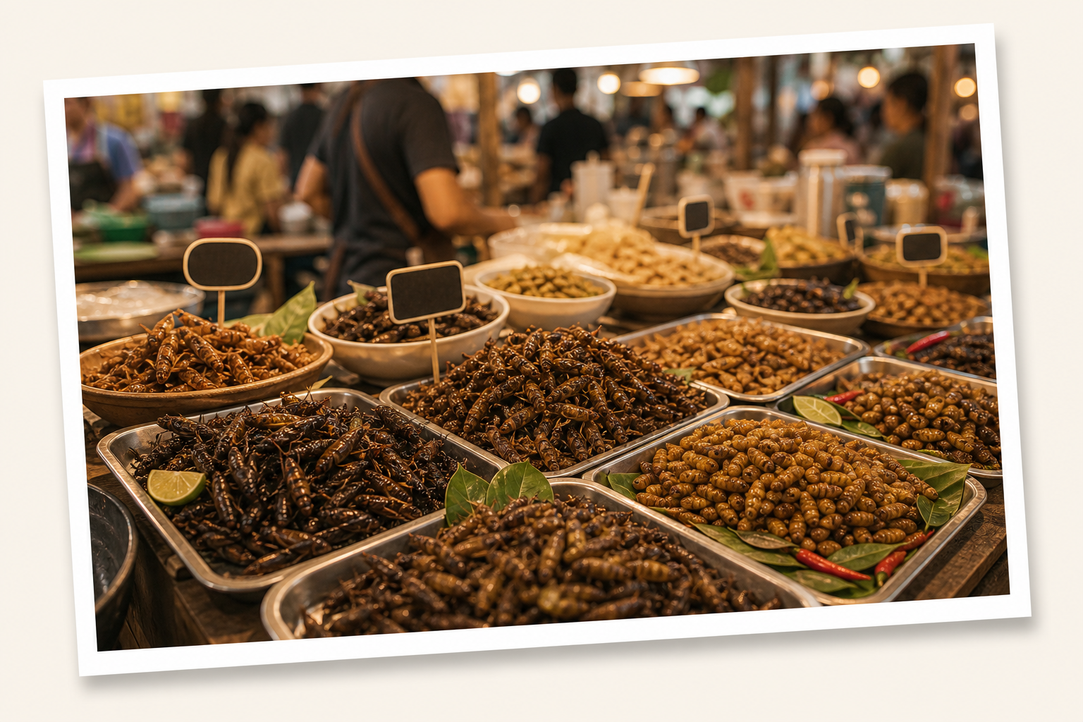 Market table with trays of roasted edible insect snacks