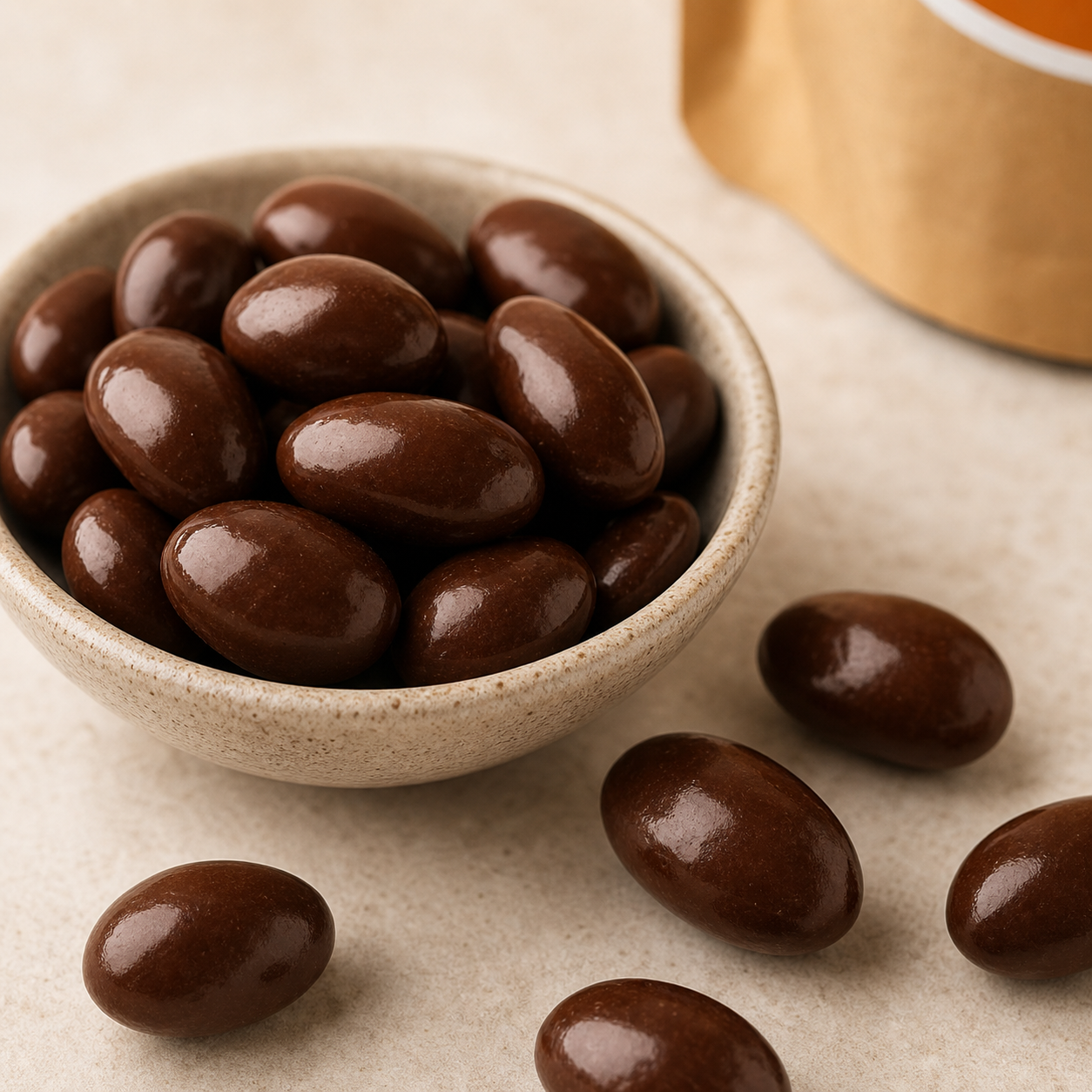 Close-up of glossy chocolate covered cricket snacks