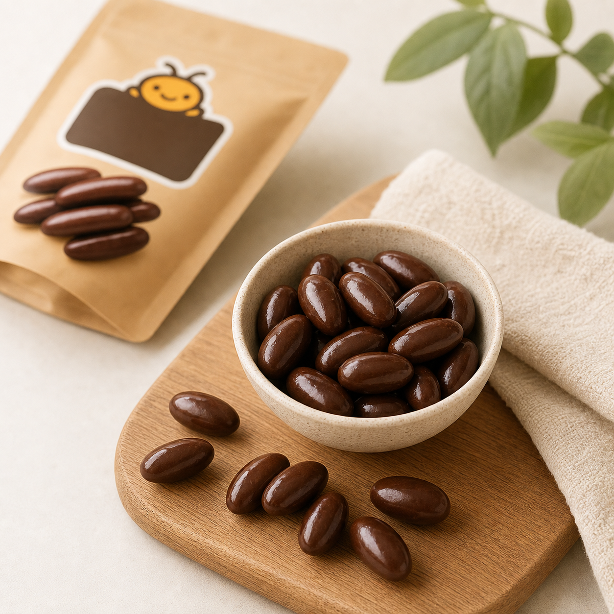 Chocolate covered cricket snacks served with a bowl and linen