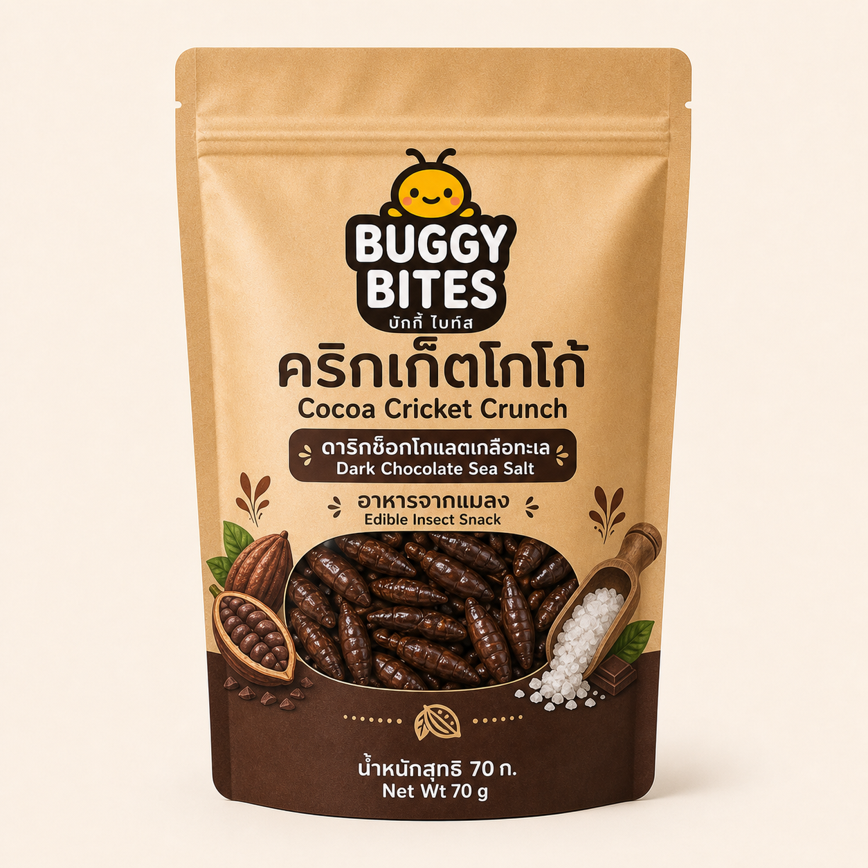 Cocoa Cricket Crunch Dark Chocolate Sea Salt pouch