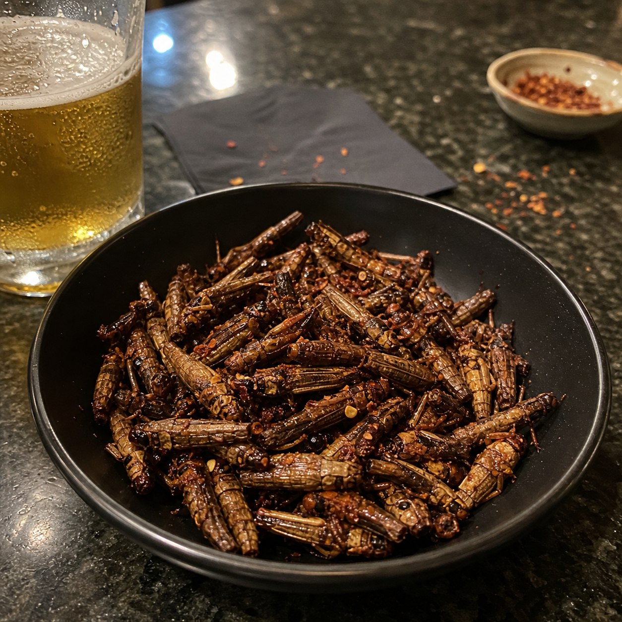 Customer photo of smoked chili grasshopper snacks in a bowl